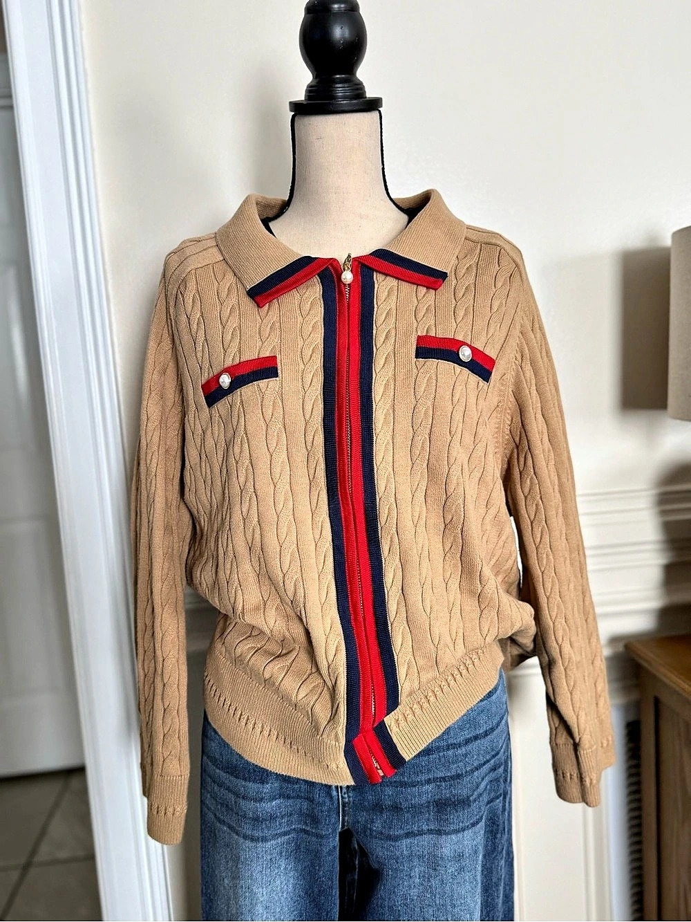 Talbots Cable Knit Sweater - Tipped Zip Cardigan in Brown & Red Like